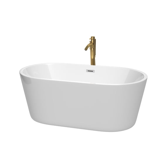 Carissa 60 Inch Freestanding Bathtub in White with Polished Chrome Trim and Floor Mounted Faucet in Brushed Gold