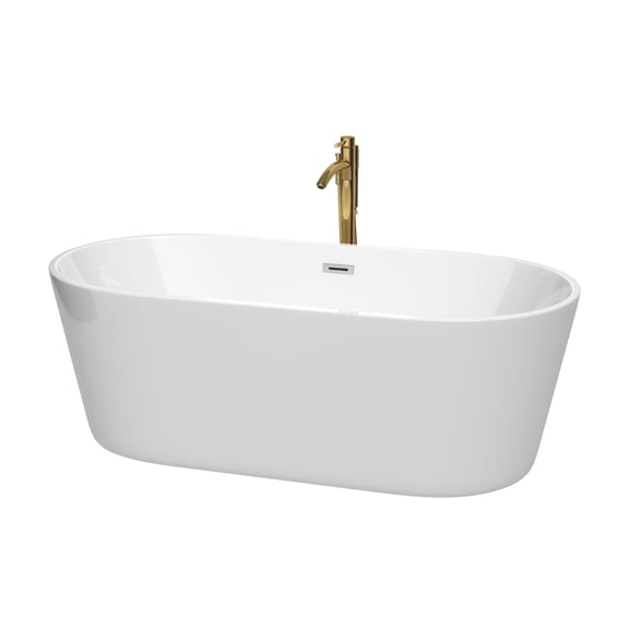 Carissa 67 Inch Freestanding Bathtub in White with Polished Chrome Trim and Floor Mounted Faucet in Brushed Gold
