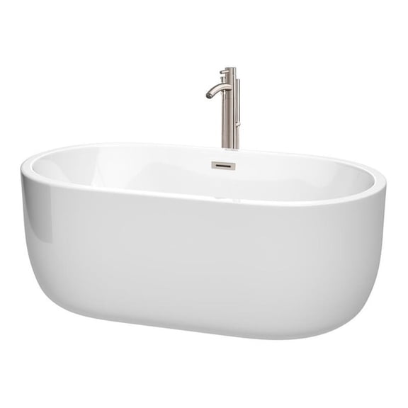 Juliette 60 Inch Freestanding Bathtub in White with Floor Mounted Faucet, Drain and Overflow Trim in Brushed Nickel