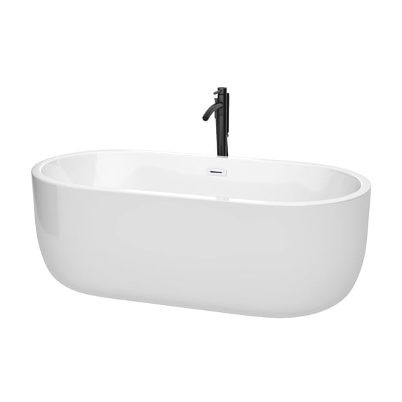 Juliette 67 Inch Freestanding Bathtub in White with Shiny White Trim and Floor Mounted Faucet in Matte Black