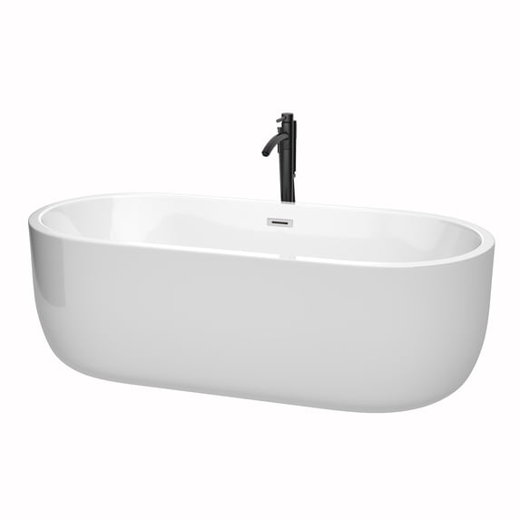 Juliette 71 Inch Freestanding Bathtub in White with Polished Chrome Trim and Floor Mounted Faucet in Matte Black