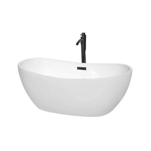 Rebecca 60 Inch Freestanding Bathtub in White with Floor Mounted Faucet, Drain and Overflow Trim in Matte Black