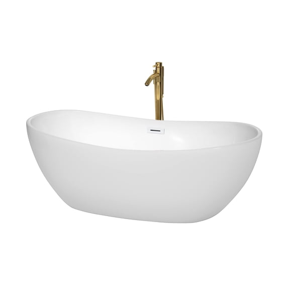 Rebecca 65 Inch Freestanding Bathtub in White with Shiny White Trim and Floor Mounted Faucet in Brushed Gold