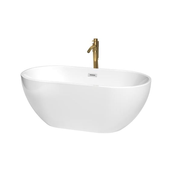 Brooklyn 60 Inch Freestanding Bathtub in White with Polished Chrome Trim and Floor Mounted Faucet in Brushed Gold
