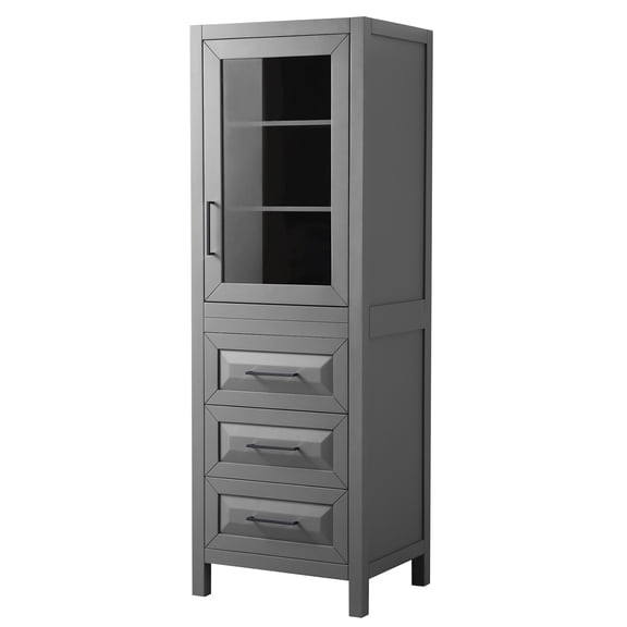 Daria Linen Tower in Dark Gray with Matte Black Trim, Shelved Cabinet Storage, and 3 Drawers
