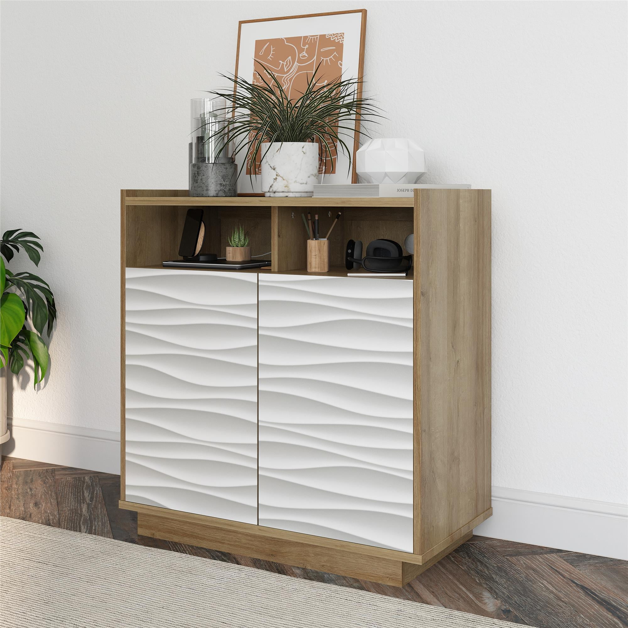 Natural Brown and White Wave Pattern Accent Cabinet with Adjustable Shelving