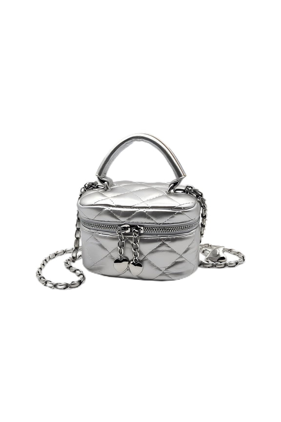 Mini Box Crossbody Bag, Silver Quilted Metallic Purse with Chain Strap, Top Handle & Heart Charm, Women's Evening Clutch