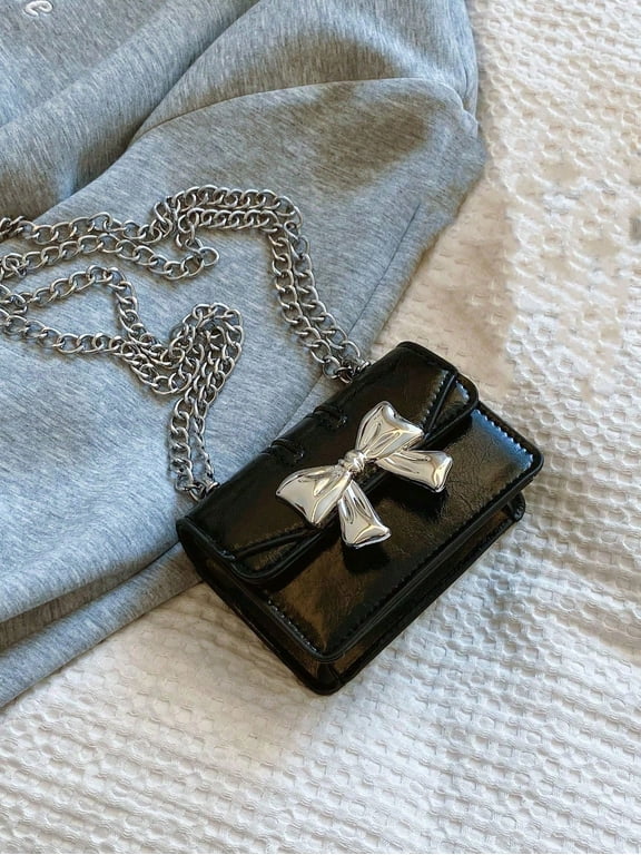 Mini Square Crossbody Bag, Bow Metal Decor Double Chain Shoulder Purse, Black