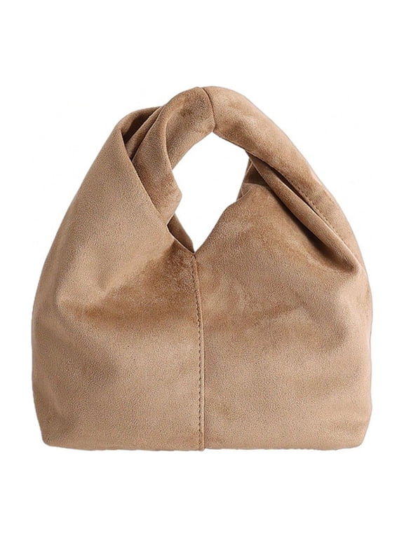 Retro Suede Twisted Handle Mini Handbag, Soft Textured Casual Tote Purse, Khaki