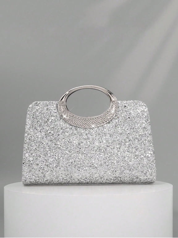 Silver Glitter Evening Purse, Rhinestone Clutch Bag for Wedding Party
