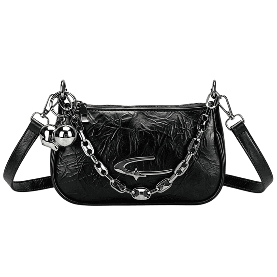 Wynndora Y2K Crinkle PU Shoulder Bag, Vintage Crescent Hobo Underarm Purse Silver Chain,Black