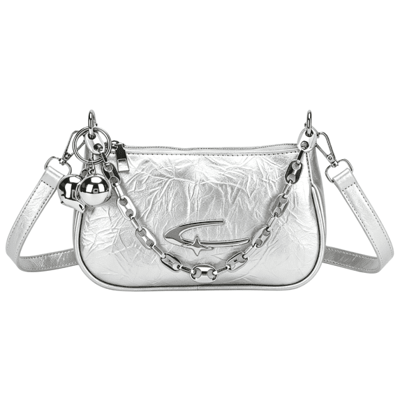 Wynndora Y2K Crinkle PU Shoulder Bag, Vintage Crescent Hobo Underarm Purse Silver Chain,Silver