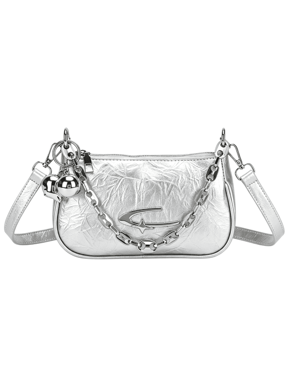 Y2K Crinkle PU Shoulder Bag, Vintage Crescent Hobo Underarm Purse Silver Chain,Silver