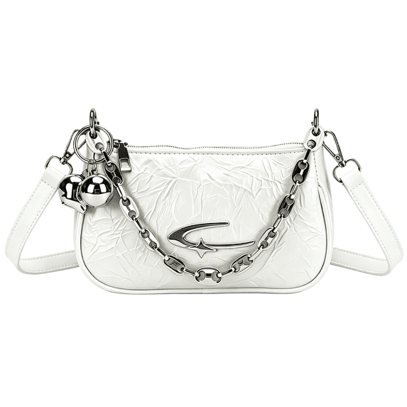 Wynndora Y2K Crinkle PU Shoulder Bag, Vintage Crescent Hobo Underarm Purse Silver Chain,White