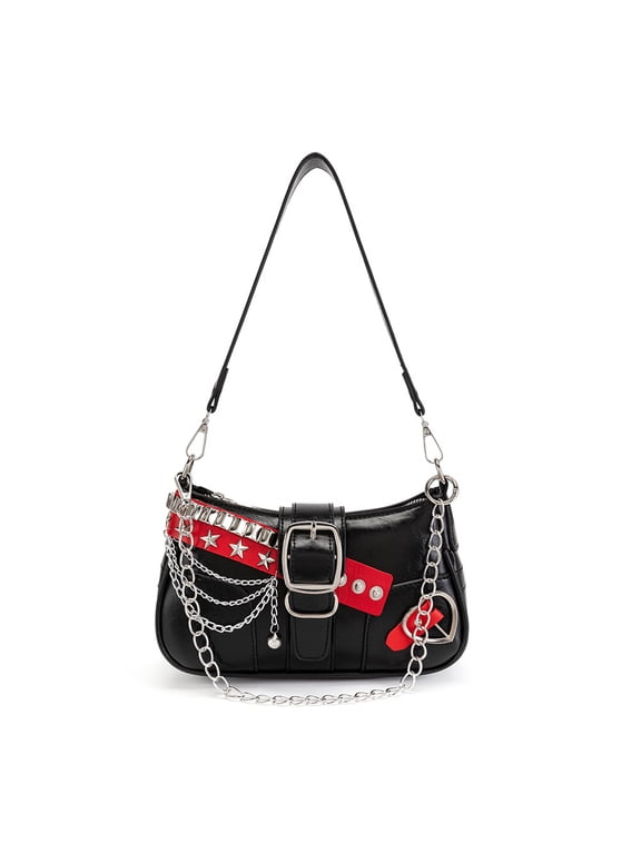 Y2K Star Chain Crescent Shoulder Bag, Black Red Contrast Hobo Purse
