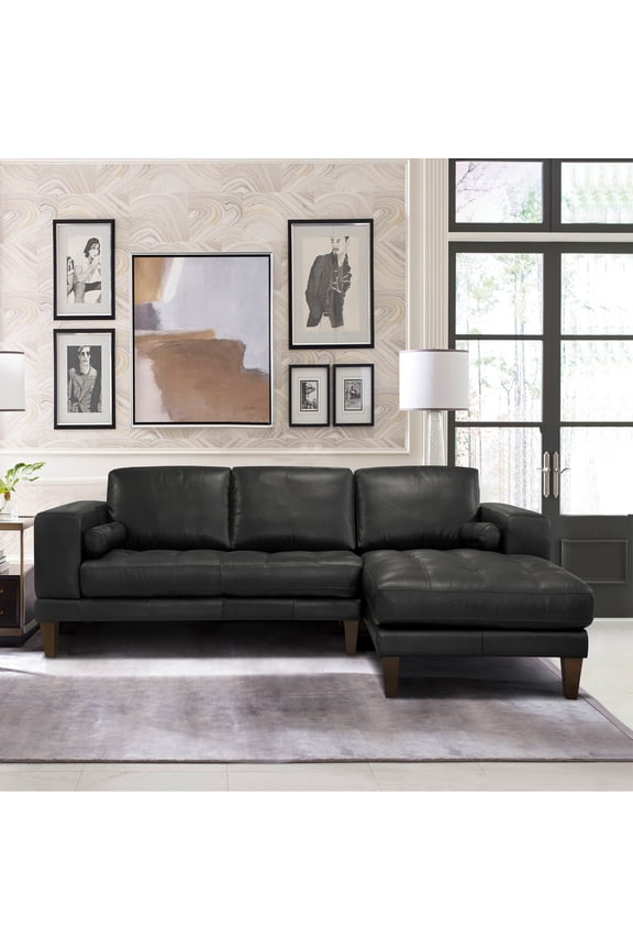 Wynne Sectional in Genuine Black Leather with Brown Wood Legs