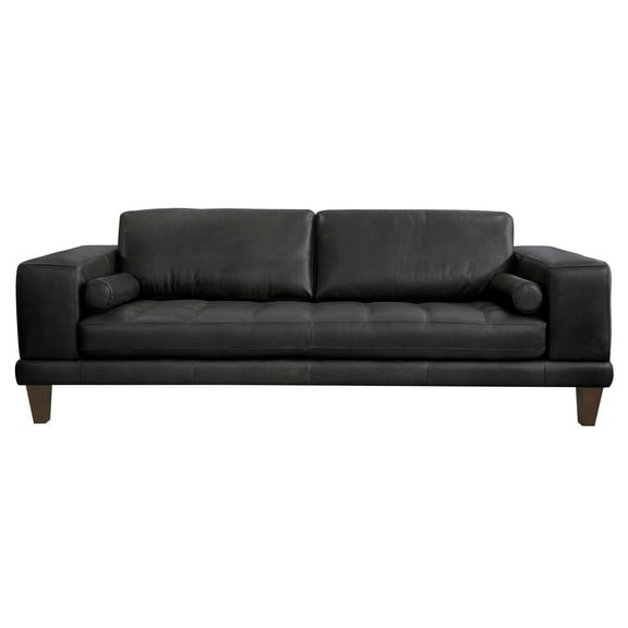 Wynne Sofa in Genuine Black Leather with Brown Wood Legs