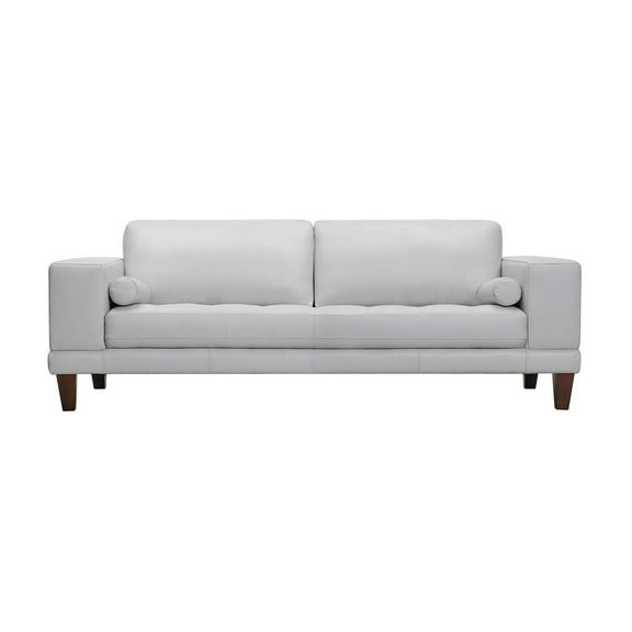 Wynne Sofa in Genuine Dove Grey Leather Brown Wood Legs