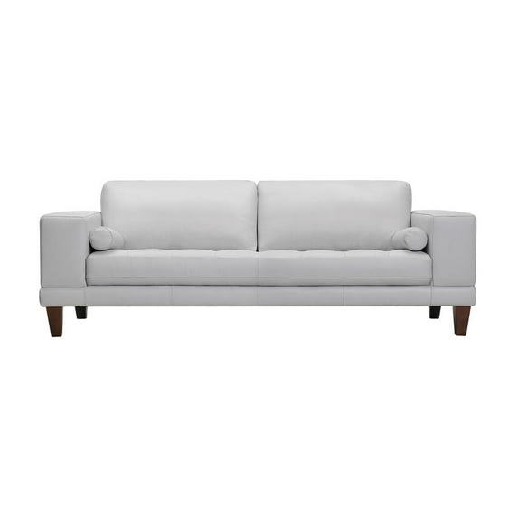 Wynne Sofa in Genuine Dove Grey Leather Brown Wood Legs