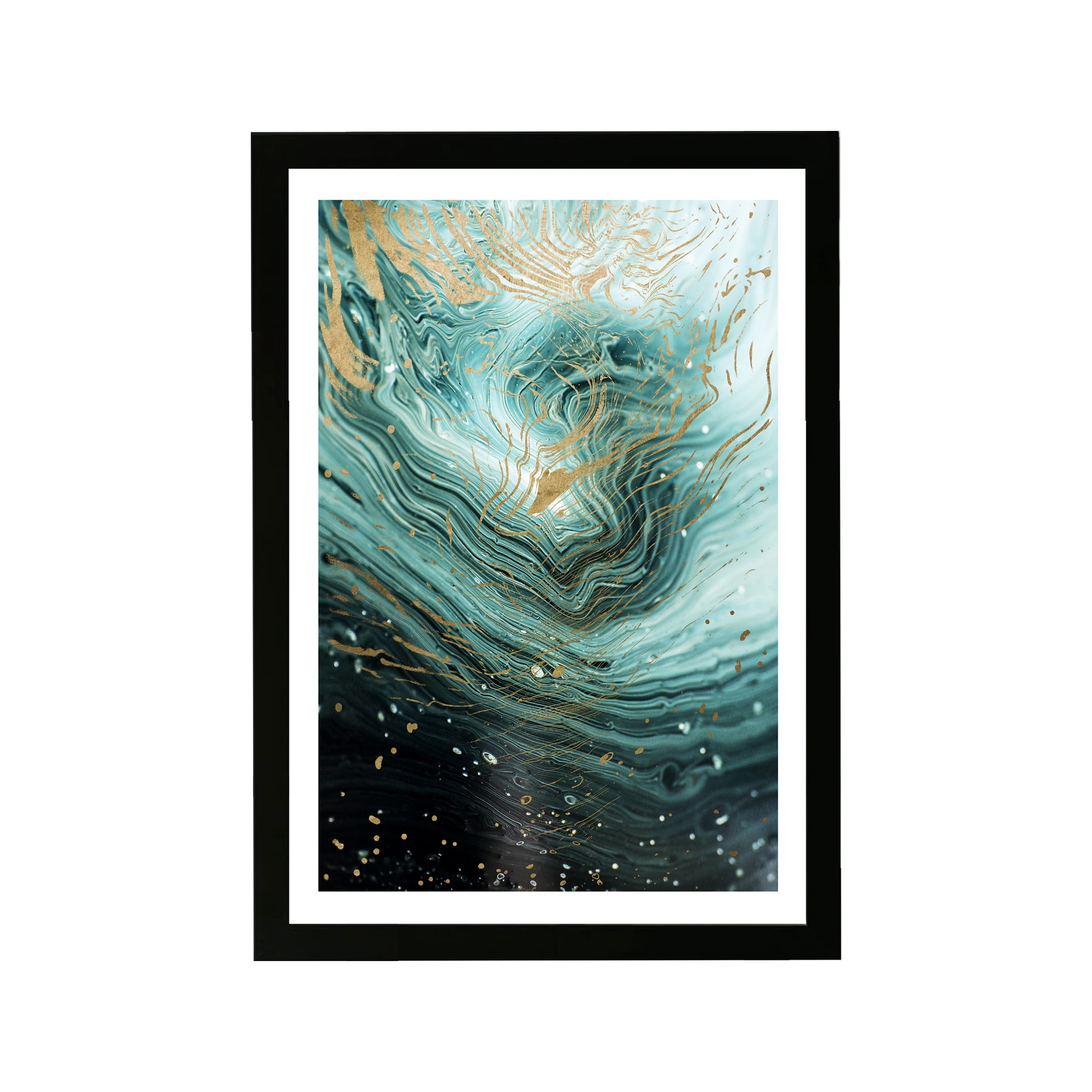 Wynwood Studio Abstract Framed Wall Art Prints 'Agate En Mint' Crystals Home Décor - Green, Gold, 13" x 19"
