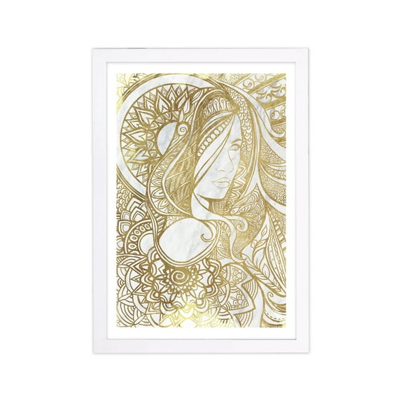 Wynwood Studio Abstract Framed Wall Art Prints 'Lady Mandala Marble Gold' Patterns Home Décor - Gold, White, 13" x 19"