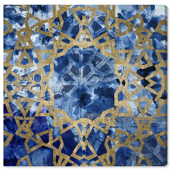 Wynwood Studio Abstract Moroccan Canvas Art - Blue Hypnotic Greek, Wall Art for Living Room, Bedroom, and Bathroom, 30 in x 30, Blue and Gold Home Decor