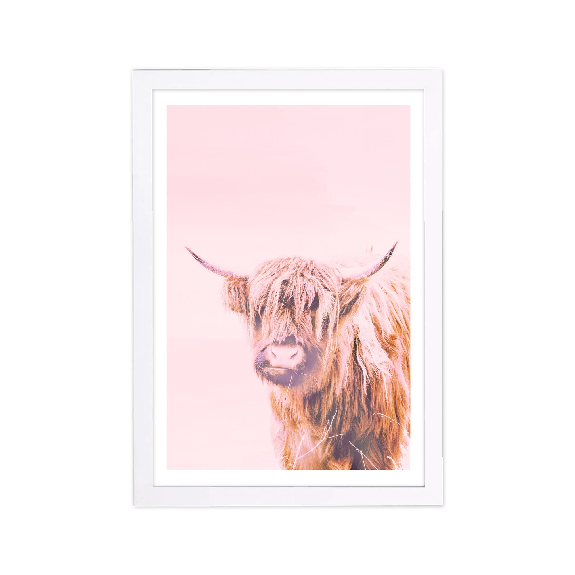 Wynwood Studio Animals Framed Wall Art Prints 'A Highland Cow' Farm Animals Home Décor - Pink, Brown, 13" x 19"