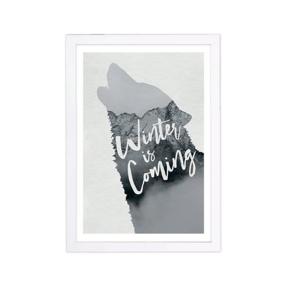 Wynwood Studio Animals Framed Wall Art Prints 'Winter is Coming' Zoo and Wild Animals Home Décor - White, Gray, 13" x 19"