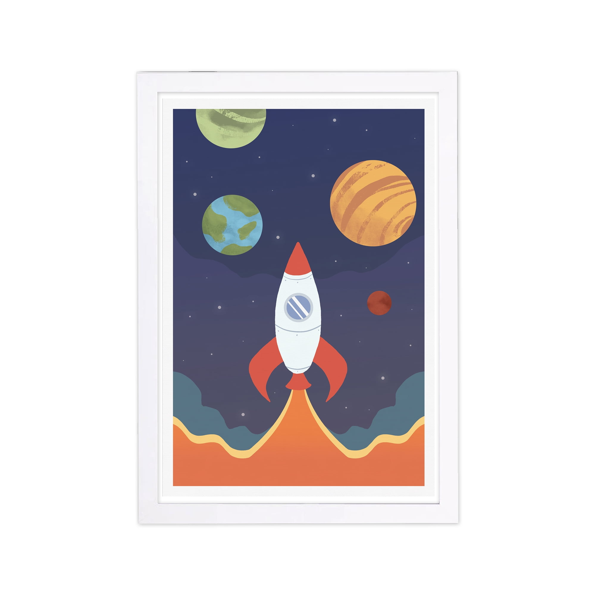 Wynwood Studio Astronomy and Space Framed Wall Art Prints 'Space Launch' Rockets Home Décor - Blue, Orange, 13" x 19"