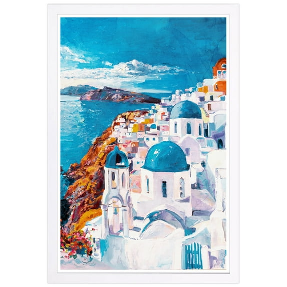 Wynwood Studio 'Beautiful Day in Greece' World and Countries Framed Wall Art Print - White, Blue