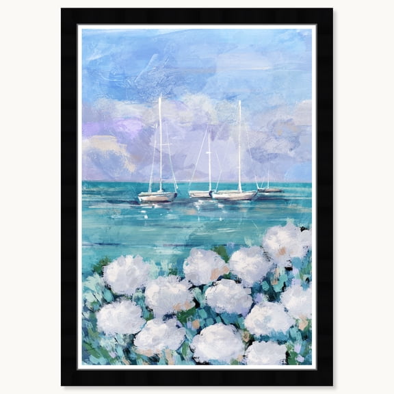 Wynwood Studio Blue Water Front Sails Framed Beachfront Coastal Prints, 15" x 21", Black Satin Flat Frame