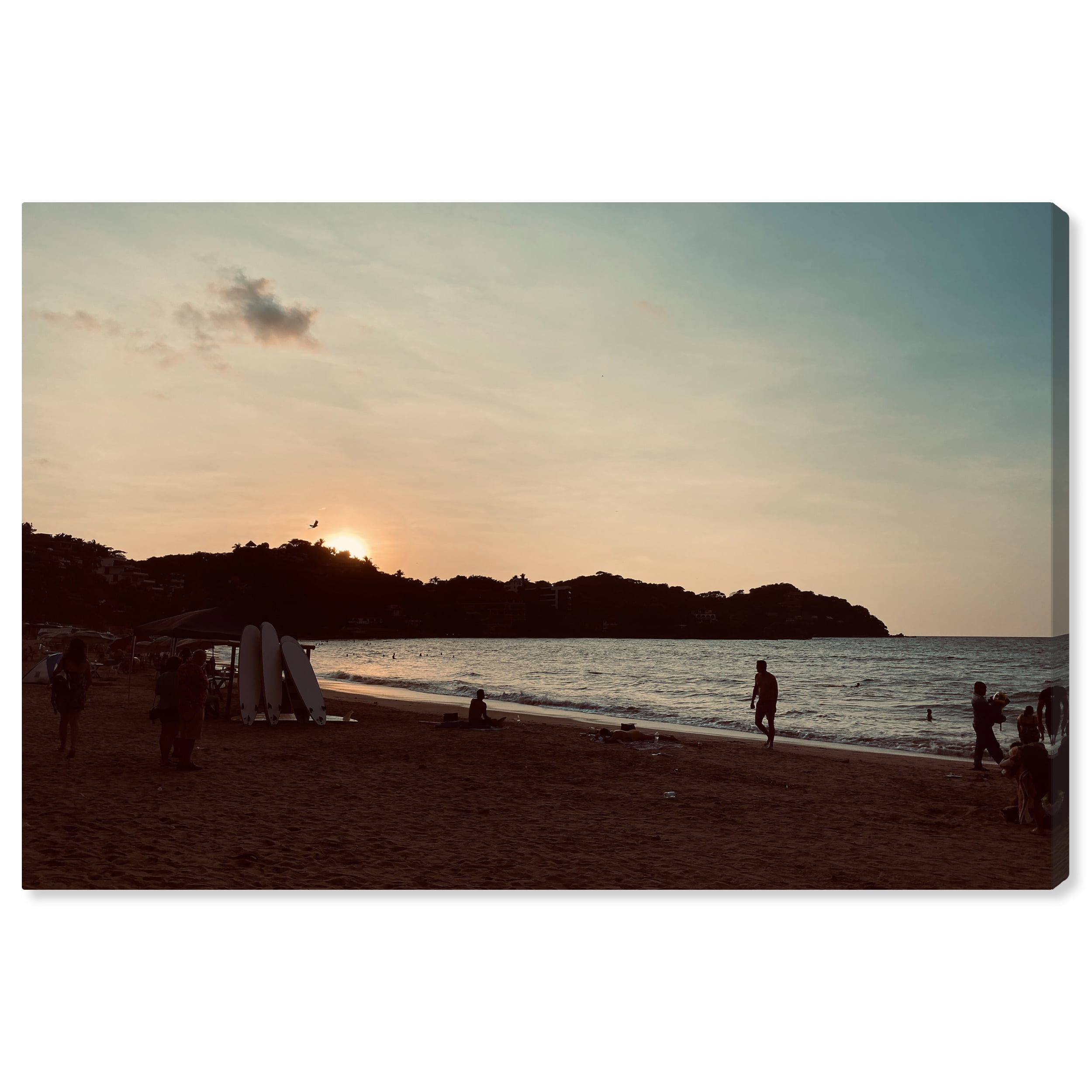 Beach at Sundown Coastal Wall Art Canvas Print in Blue and Light Blue