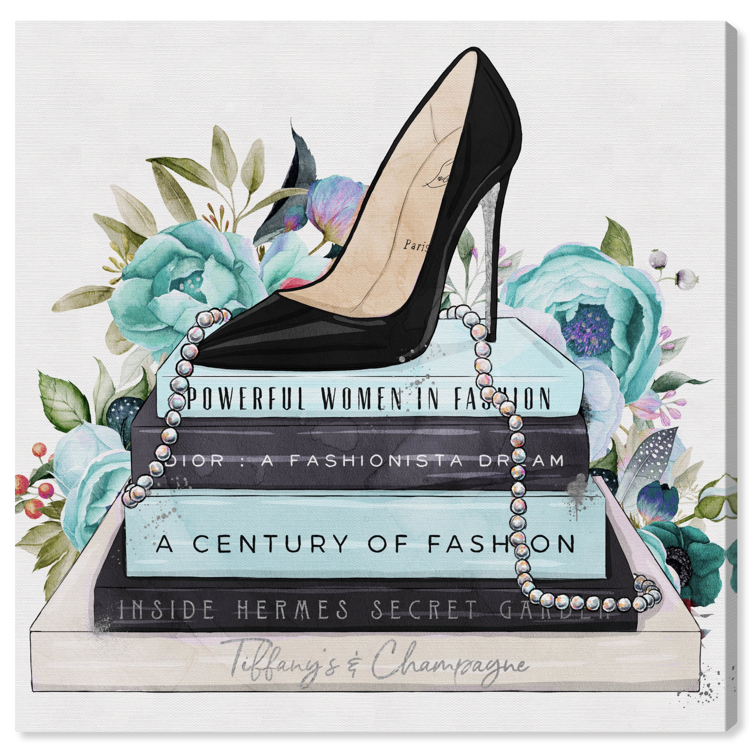 Wynwood Studio Canvas Classic Stiletto and High Fashion Books Blue Floral Fashion and Glam Books Wall Art Canvas Print Blue Teal 30x30