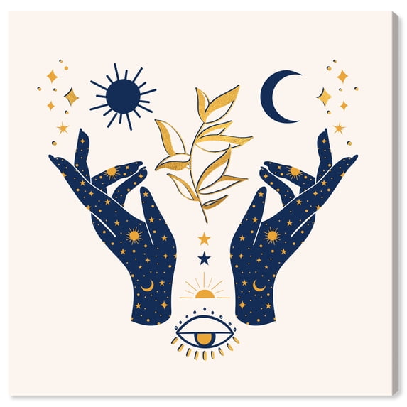 Wynwood Studio Canvas Fate Hands Floral and Botanical Botanicals Wall Art Canvas Print Gold Dark Blue 12x12