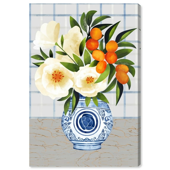 Wynwood Studio Canvas Frutti Flowers and Porcelain Floral and Botanical Florals Wall Art Canvas Print White Dark Blue 16x24