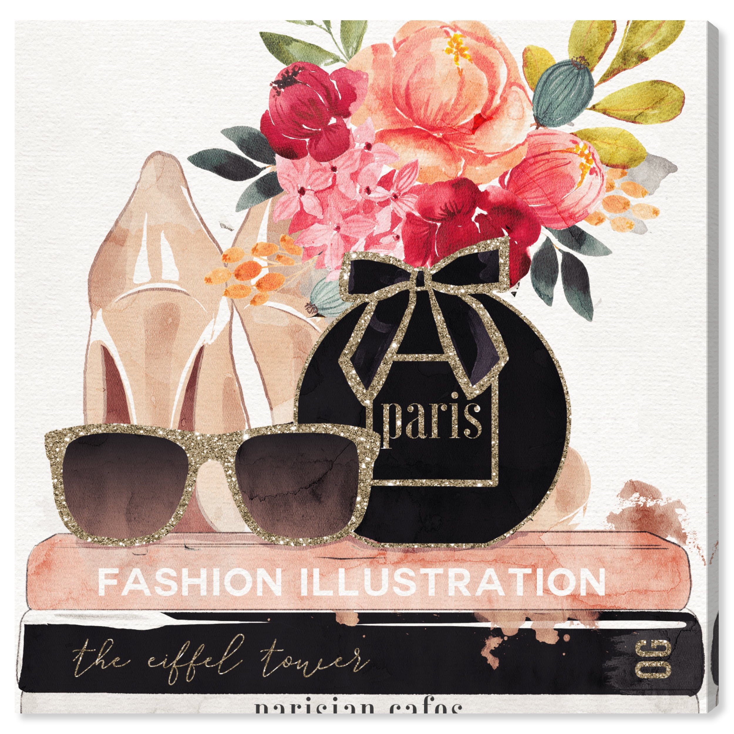Glamorous Perfume Stack Gold and Black Fashion Canvas Art 12x12