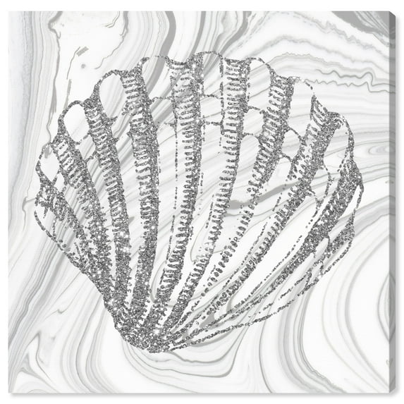 Wynwood Studio Canvas Glitter Silver Seashell Nautical and Coastal Marine Life Wall Art Canvas Print Gray Silver 12x12