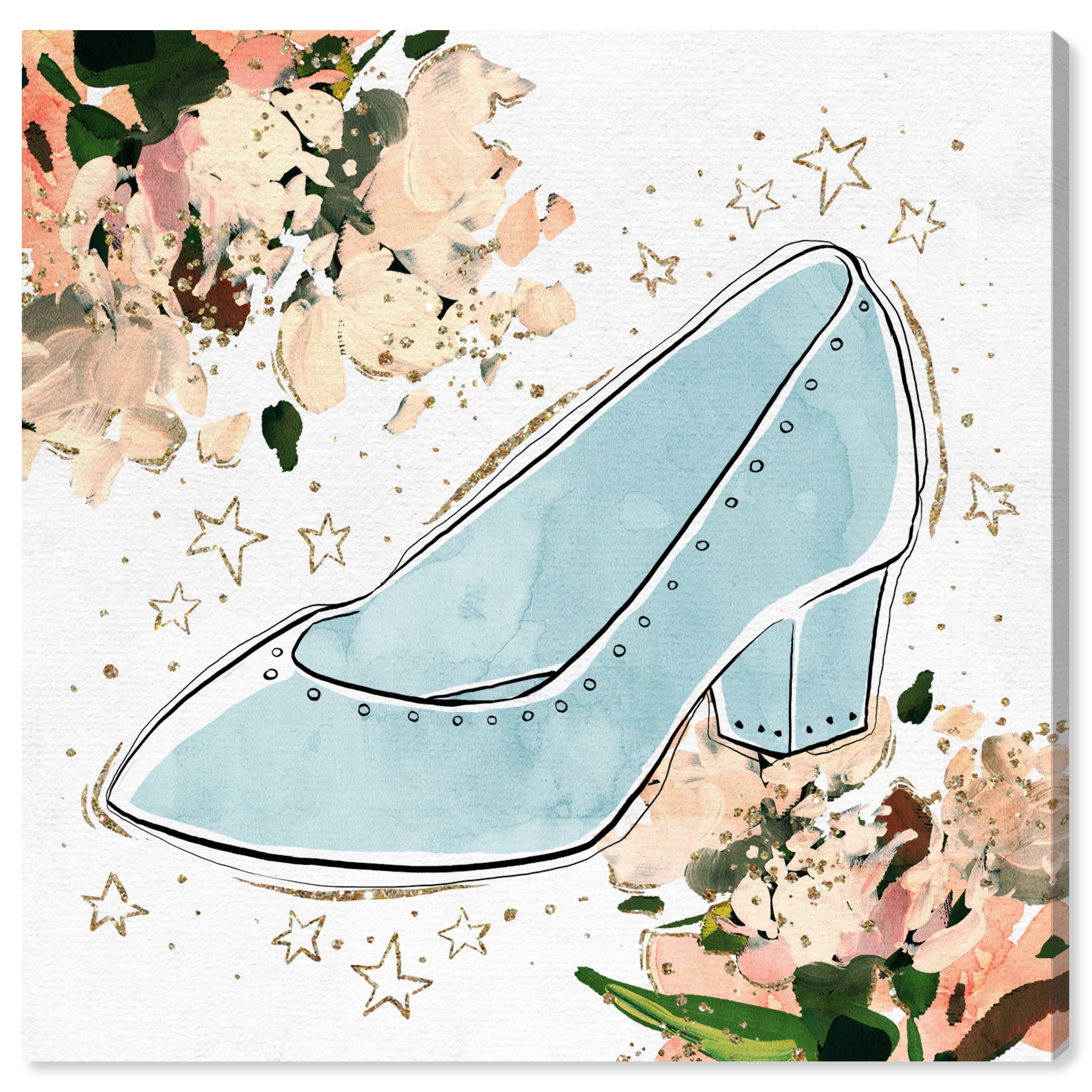 Gold Scribble Slipper Fashion Blue Canvas Wall Art 12x12
