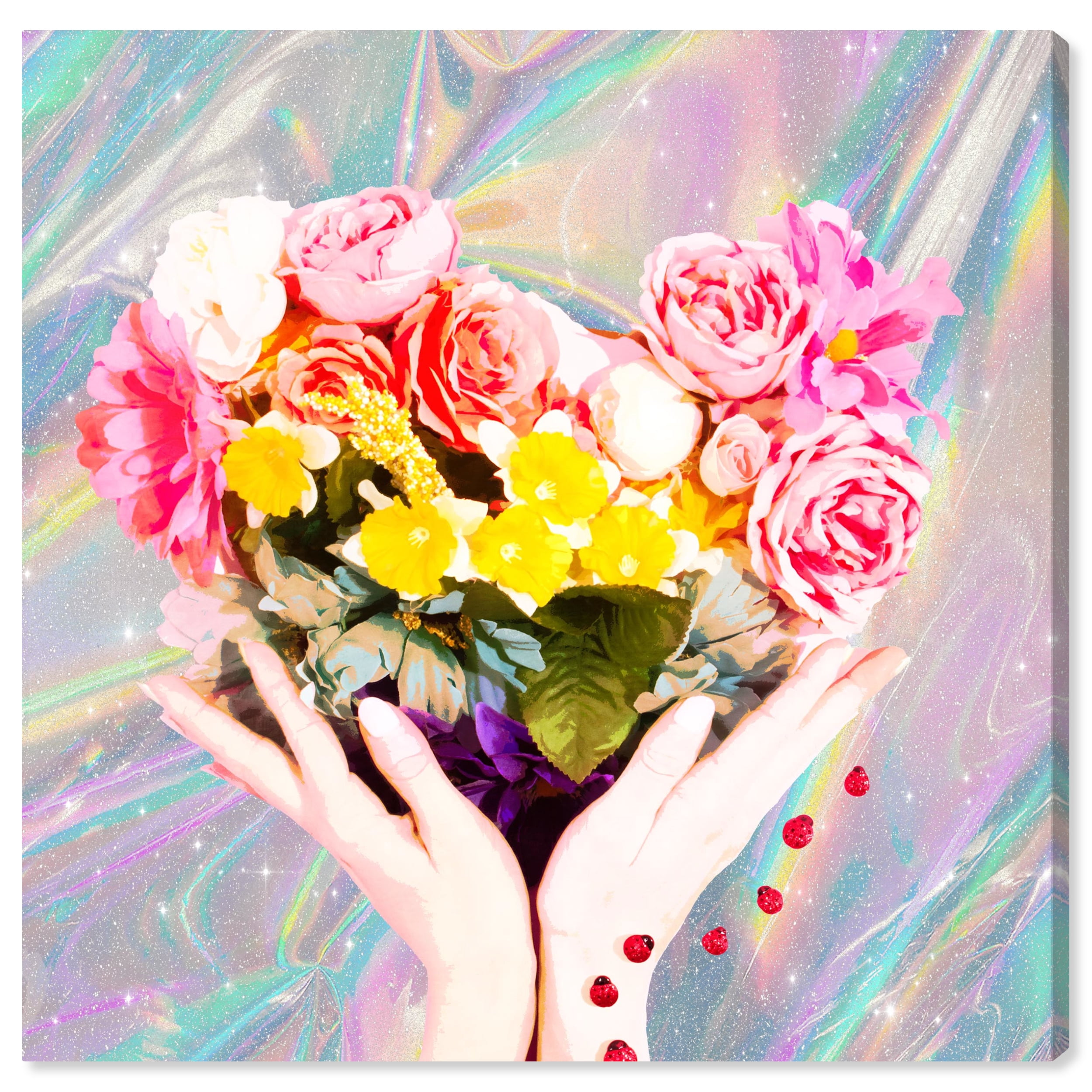 Wynwood Studio Canvas Holographic Floral Heart Floral and Botanical Florals Wall Art Canvas Print Pink 20x20