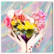 Wynwood Studio Canvas Holographic Floral Heart Floral and Botanical Florals Wall Art Canvas Print Pink 20x20