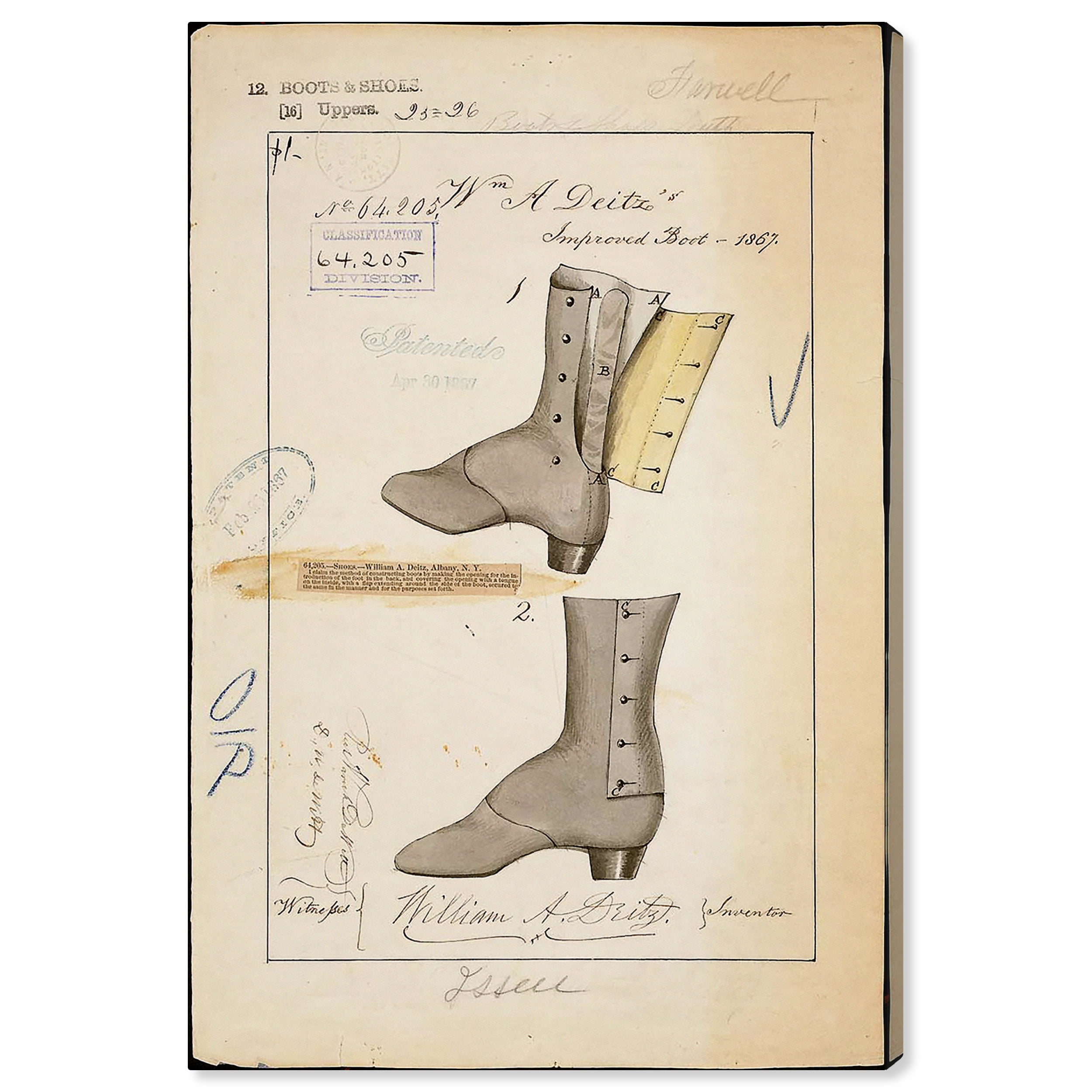 Vintage Patent Boot Design Canvas Wall Art in Gray and Beige