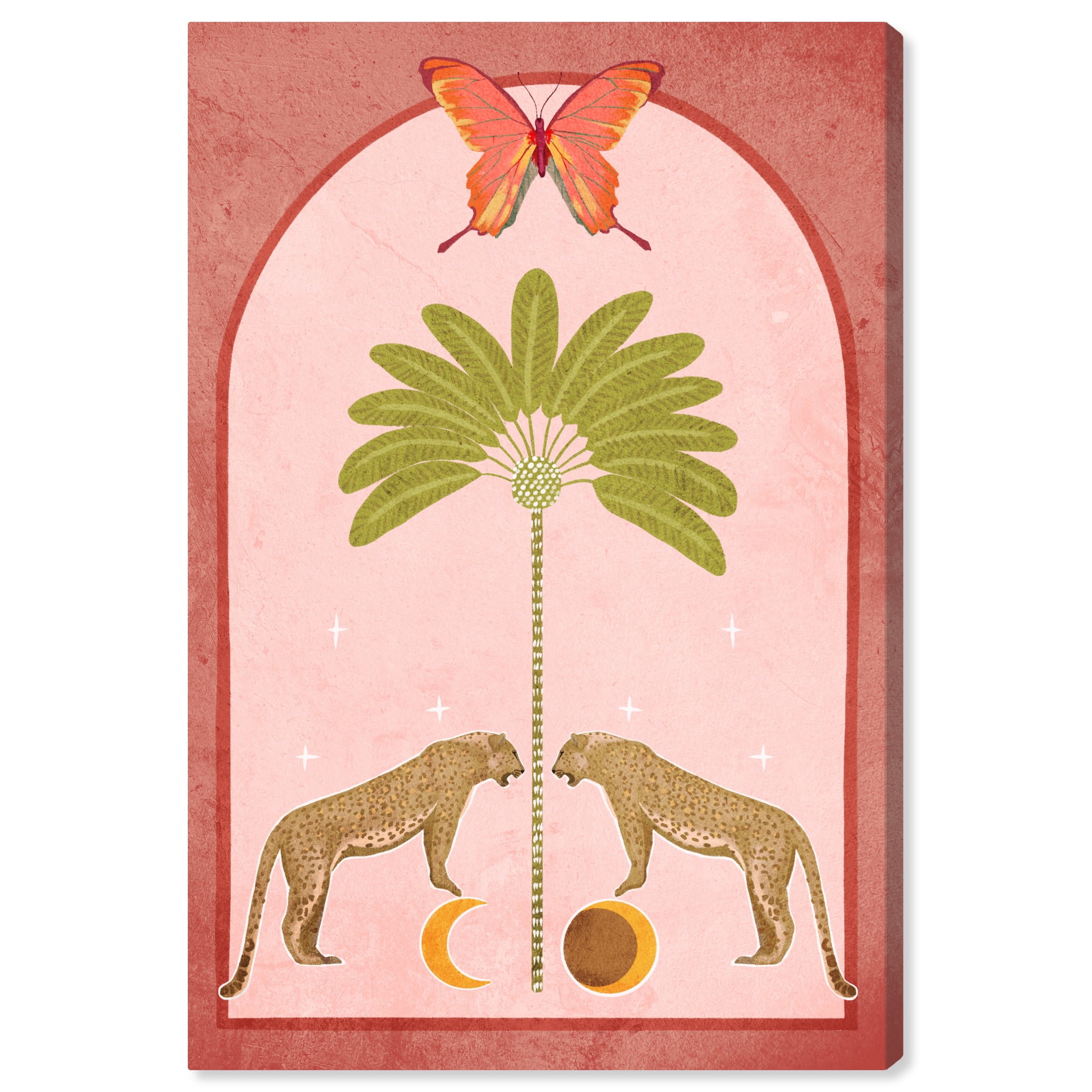 Pink and Green Canvas Art with Twin Leopards and Butterfly