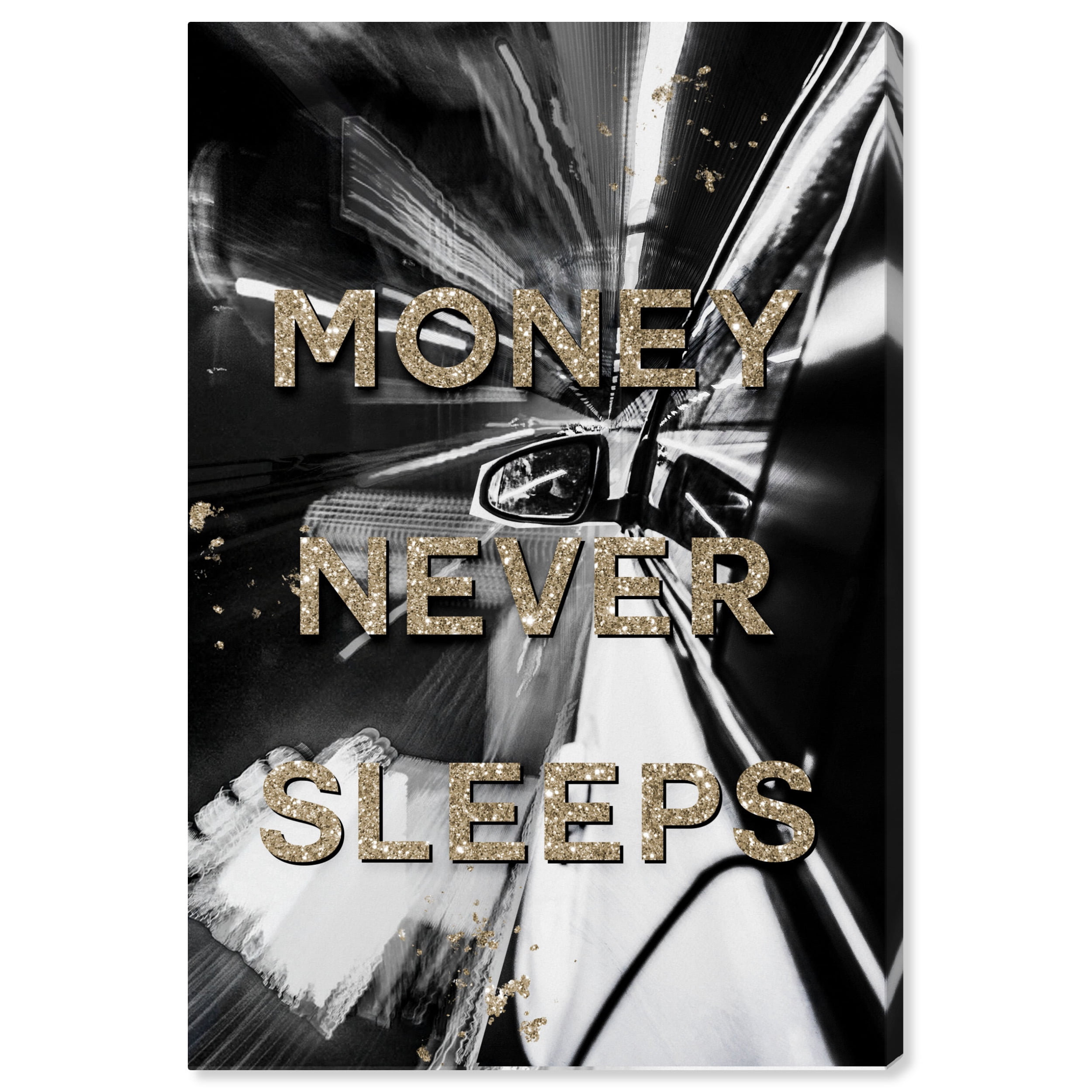 Money Never Sleeps Gold and Black Motivational Canvas Art 24x36