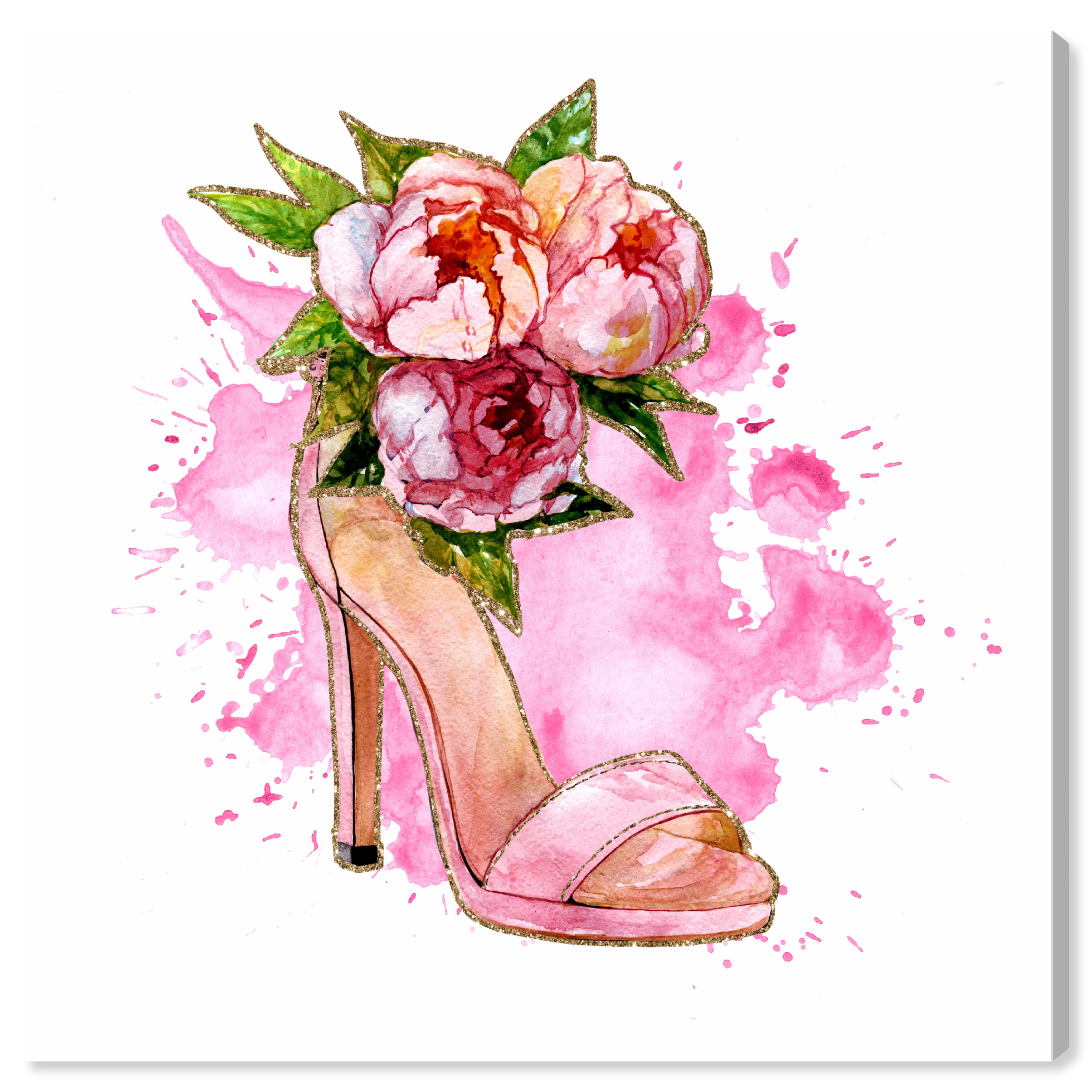 Wynwood Studio Canvas Spilled Pink and Shoe Fashion and Glam Shoes Wall Art Canvas Print Pink 12x12