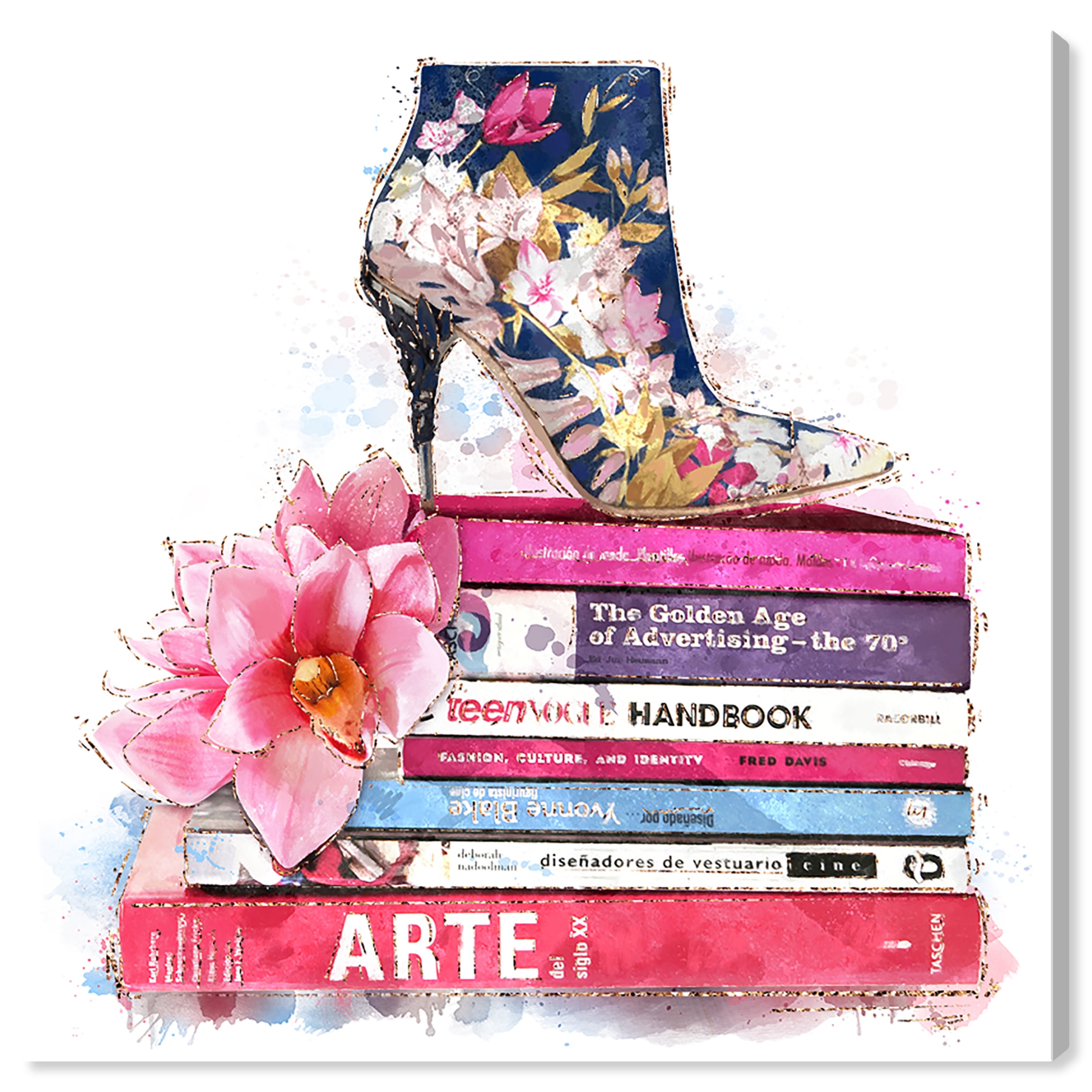 Floral Boot and Glam Books Pink Canvas Wall Art 20x20