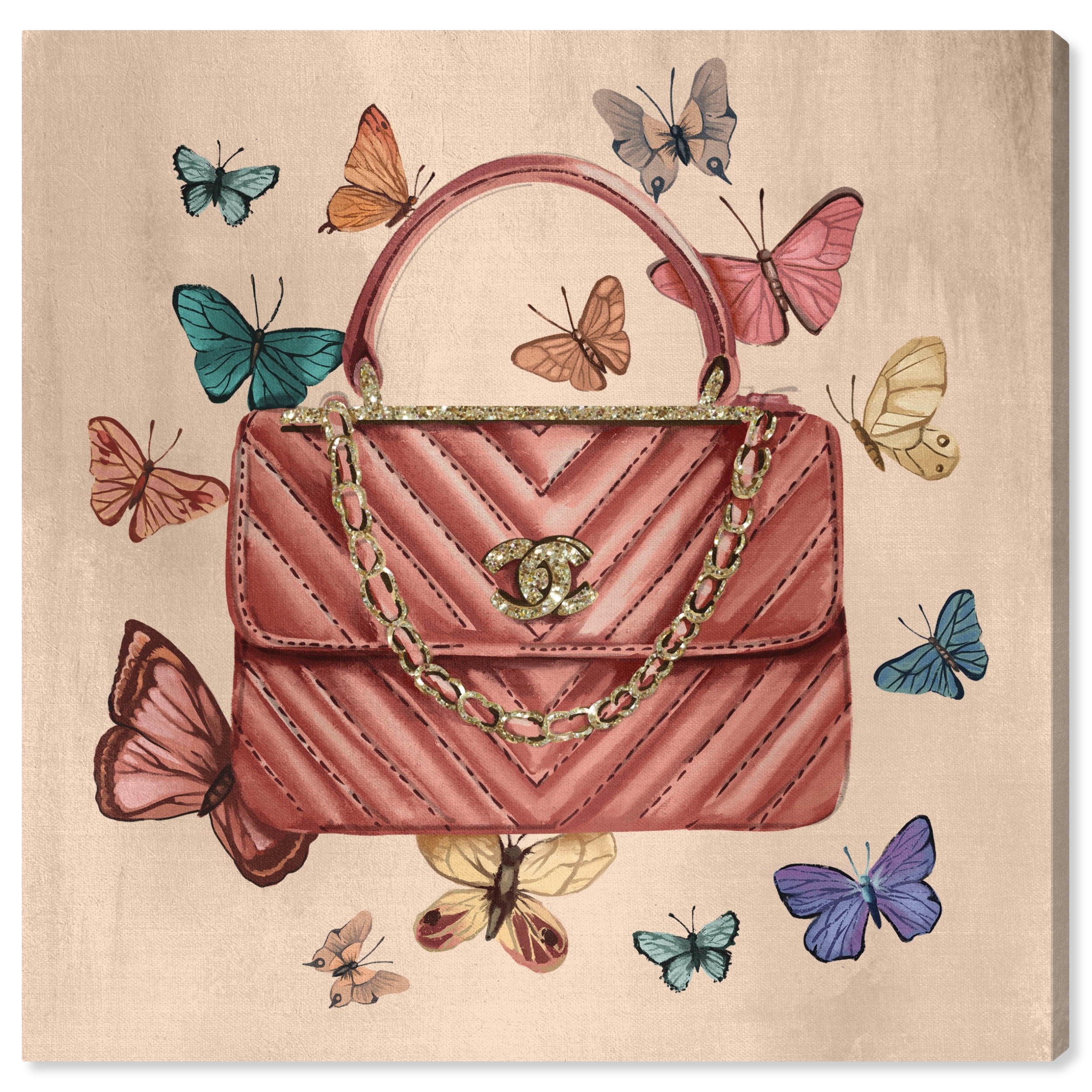 Pink and Gold Butterfly Handbag Canvas Wall Art, 20x20