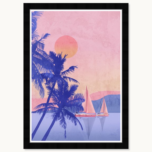 Wynwood Studio Coral Coastal Sailing Framed Beachfront Coastal Prints, 15" x 21", Black Satin Flat Frame