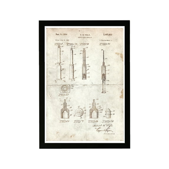 Wynwood Studio Education and Office Framed Wall Art Prints ' Disposable Syringe, 1951' Medical Home Décor - White, Brown, 13" x 19"