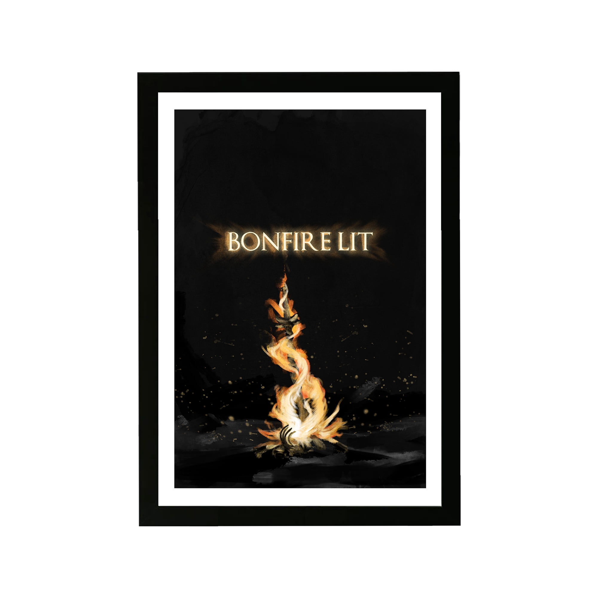 Wynwood Studio Entertainment and Hobbies Framed Wall Art Prints 'Bonfire Lit Print' Video Games Home Décor - Black, Gold, 13" x 19"