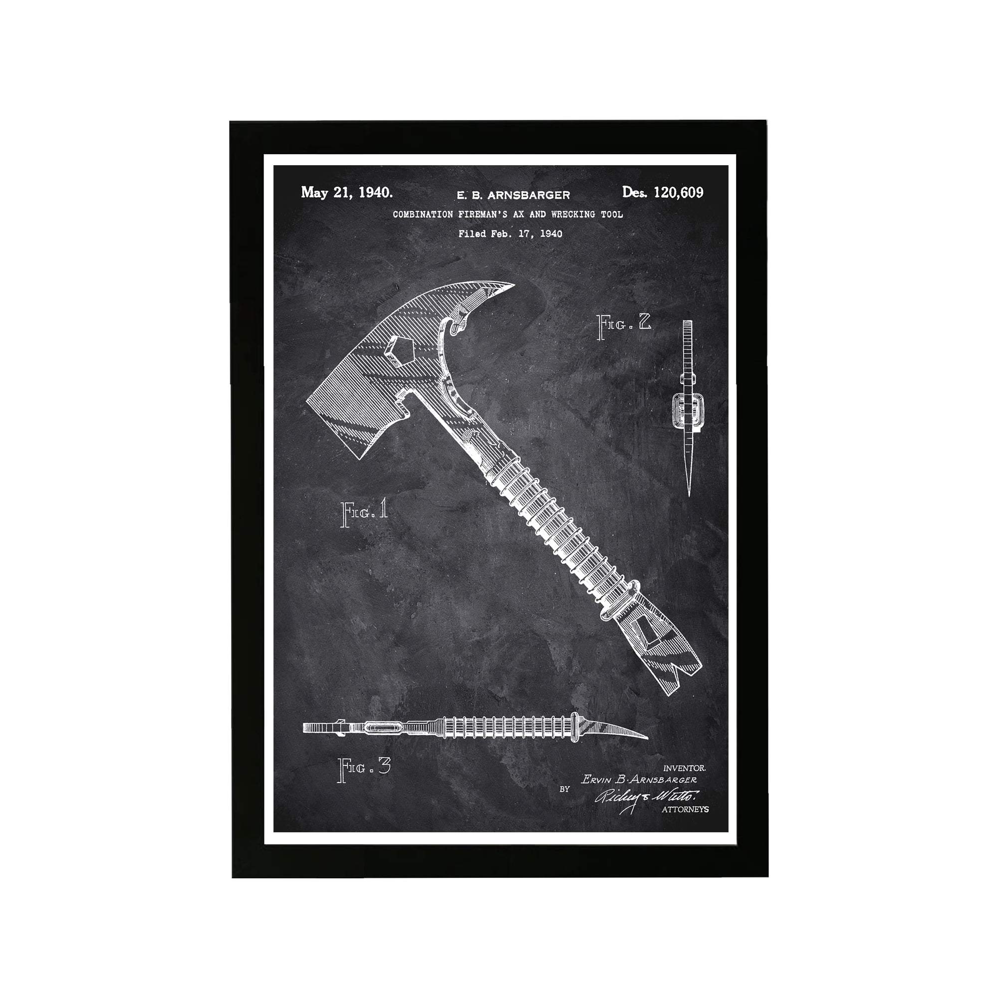Wynwood Studio Entertainment and Hobbies Framed Wall Art Prints 'Firemans Ax 1940 Chalkboard' Professions - Black, White, 13" x 19"